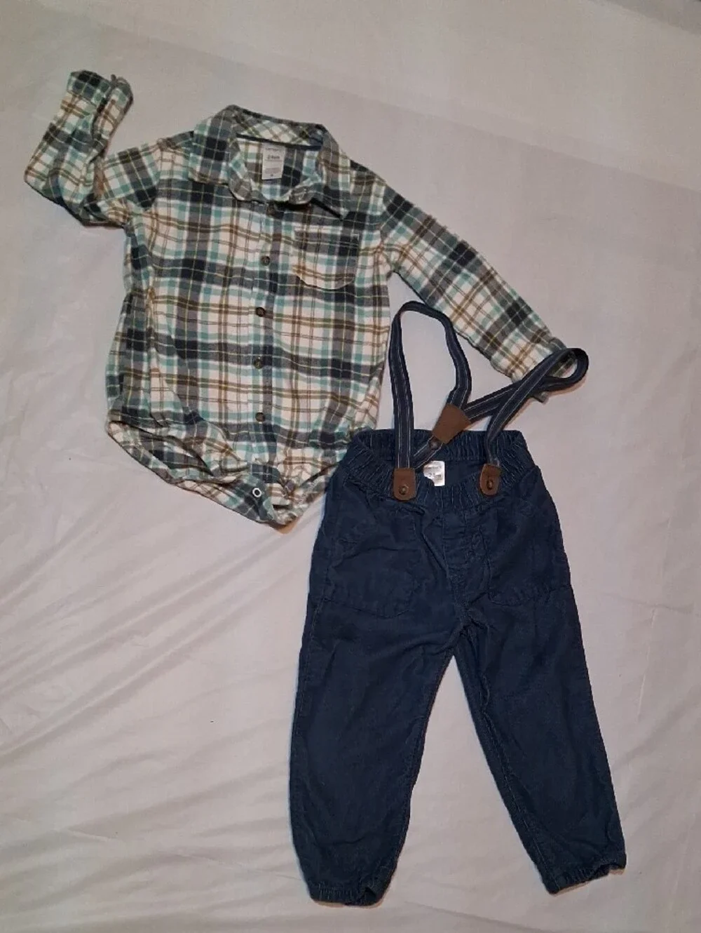 Carter’s 3pc Plaid Button Down & Navy Suspender Pants Outfit Set
